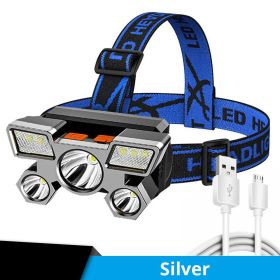 5 LED USB Rechargeable Headlamp; Portable Built-in 18650 Battery Head Flash Light; Waterproof For Expedition Outdoor Camping Fishing (color: Silvery)