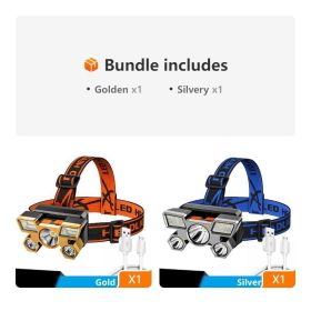 5 LED USB Rechargeable Headlamp; Portable Built-in 18650 Battery Head Flash Light; Waterproof For Expedition Outdoor Camping Fishing (color: Golden+Silvery)