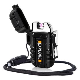 1pc Waterproof Windproof Lighter; USB Rechargeable Outdoor Dual Arc Lighter Flameless Plasma Lighters For Camping; Hiking; Emergency Survival (color: Black)