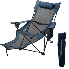 Folding Camp Chair 330 lbs Capacity w/ Footrest Mesh Lounge Chair, Cup Holder and Storage Bag (color: Blue)
