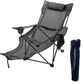 Folding Camp Chair 330 lbs Capacity w/ Footrest Mesh Lounge Chair, Cup Holder and Storage Bag (color: Gray)